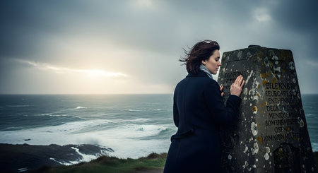 A pensive woman with windblown hair stands on a cliff, leaning against an ancient stone marker overlooking a rough sea. The dramatic and moody coastal scene conveys a sense of solitude, contemplation, and melancholy.の素材
