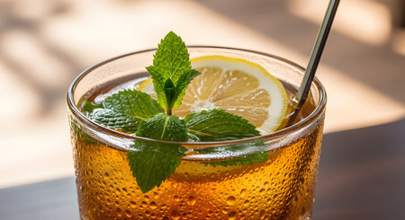 A close-up shot of a glass of iced tea, glistening with condensation droplets. The refreshing drink is garnished with a fresh sprig of mint and a bright yellow slice of lemon, with a straw ready for sipping.の素材