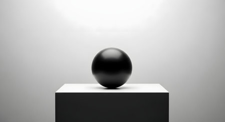 A minimalist 3D render of a perfect, matte black sphere resting on a white cube pedestal. The scene is set against a simple white and grey gradient background, creating a high-contrast, artistic composition. This abstract image symbolizes balance, simplicity, perfection, and modern design.の素材