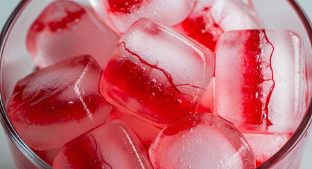A macro close-up of clear ice cubes with red syrup frozen inside them, creating intricate cracked patterns within the ice. The cubes are in a glass, suggesting a cold, refreshing, and visually interesting beverage.の素材