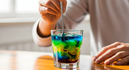 A person's hand uses a metal stirrer to mix a layered, multi-colored liquid in a clear glass. The vibrant colorsâblue, green, yellow, and redâcreate beautiful, chaotic swirls as they blend, suggesting a chemical reaction or a creative cocktail.の素材
