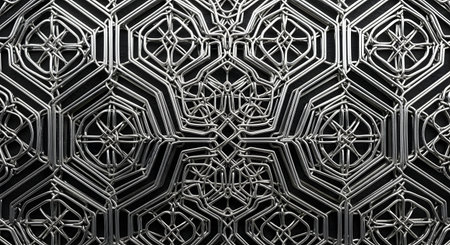 A close-up, top-down view of a highly intricate and symmetrical metallic pattern on a dark background. The complex, interwoven lines and geometric shapes create a mesmerizing and detailed texture. This abstract image is suitable for backgrounds and concepts related to technology, precision, or ornate design.の素材