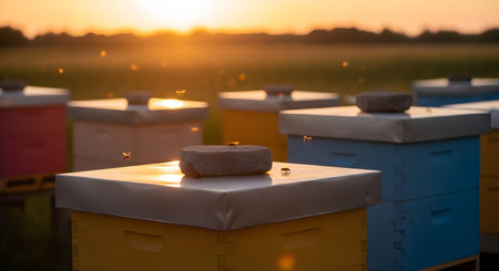 Colorful beehives sit in a meadow during a beautiful golden sunset, with honeybees actively flying around them. The tranquil and warm scene represents beekeeping, sustainable agriculture, and the natural process of honey production.の素材