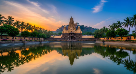 A magnificent ancient Hindu temple is perfectly reflected in the calm waters of a sacred pool at sunset. The sky is filled with warm colors, and palm trees line the water's edge, framing the serene and spiritual scene. This image captures the beauty of Indian architecture, religion, and travel.の素材