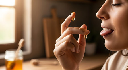 A close-up profile of a young woman tasting a drop of golden honey from her finger. Her tongue is out to lick the sweet liquid, conveying pleasure and indulgence in a warmly lit kitchen setting.の素材