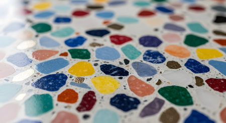 A close-up, angled view of a polished and colorful terrazzo surface, showing a shallow depth of field. The composite material features a vibrant mix of stone, marble, and glass chips in various colors, creating a modern and playful background texture.の素材