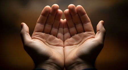 A close-up, dramatically lit photograph of a person's hands held together and cupped upwards in a gesture of prayer, offering, or receiving. The soft light illuminates the palms, creating a sense of hope, faith, and humility.の素材