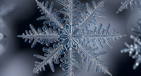 An extreme close-up macro photograph reveals the intricate, perfectly symmetrical crystalline structure of a real snowflake. The delicate geometric patterns of the ice crystal are sharply detailed against a dark, out-of-focus background, highlighting the unique beauty of winter.の素材