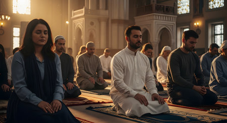 A diverse group of Muslim men and women are sitting peacefully during prayer on ornate rugs inside a beautiful mosque. The soft, reverent light illuminates the serene atmosphere of worship and community. The focus is on a man in white traditional clothing, conveying deep faith and devotion.の素材