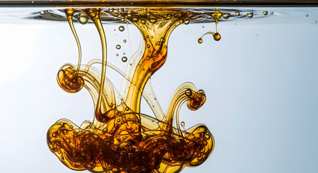 An abstract macro photograph of thick, golden honey or oil being poured into clear water. The viscous liquid creates beautiful, swirling patterns and captures air bubbles as it descends, creating a dynamic and artistic visual.の素材