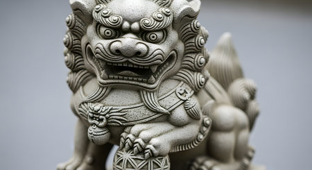 A detailed close-up of a traditional Chinese guardian lion statue, often known as a Foo Dog. The stone sculpture features a fierce expression, intricate curls in its mane, and a paw resting protectively on an ornate ball. The statue symbolizes protection, power, and good fortune in East Asian culture.の素材
