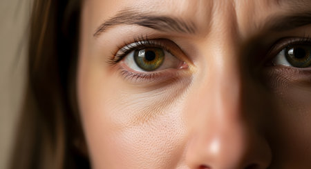 An extreme close-up of a woman's face, focusing on her worried eyes and furrowed brow. The image captures an expression of concern, stress, or deep thought, highlighting skin texture and fine lines.の素材