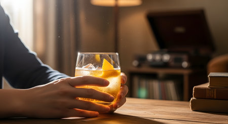 A person holds a glass of an amber-colored cocktail, possibly an Old Fashioned with an orange peel garnish, in a warmly lit, cozy room. In the background, a vintage record player and books suggest a relaxing and sophisticated atmosphere for enjoying a drink.の素材