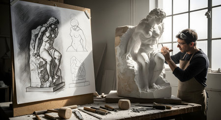 A skilled sculptor wearing an apron and safety glasses meticulously carves a classical female statue from a block of marble in his brightly lit workshop. Detailed preparatory sketches are displayed on an easel beside him, illustrating the artistic process from concept to creation.の素材