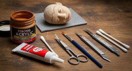 A collection of tools and materials for a crafting or model-making project are laid out on a wooden table. The items include a small carved wooden head, acrylic paint, adhesive, a paintbrush, and other precision tools, representing a creative hobby and craftsmanship.の素材