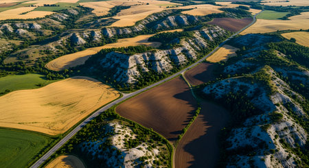 An aerial drone view of a vast, rolling agricultural landscape featuring a mix of golden wheat fields, brown plowed earth, and unique eroded hills with green shrubs. A winding road cuts through the picturesque scenery, highlighting the textures and contours of the land.の素材