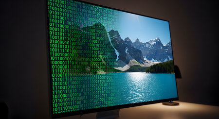 A computer monitor displays a stunning landscape of mountains and a lake, which is partially overlaid with a cascade of green binary code. This conceptual image illustrates the intersection of nature and technology, digitalization, virtual reality, and data processing. It represents the digital transformation of our world.の素材