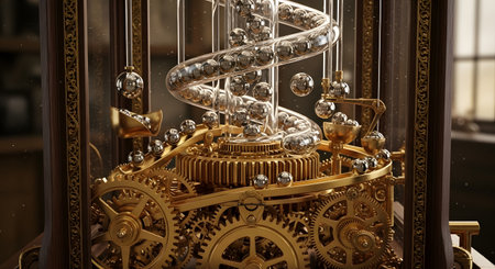 A close-up of an ornate and complex clockwork mechanism made of golden gears and cogs. A glass spiral ramp guides rolling steel marbles through the machine, suggesting a perpetual motion device or a unique type of timer, embodying concepts of precision, engineering, and time.の素材
