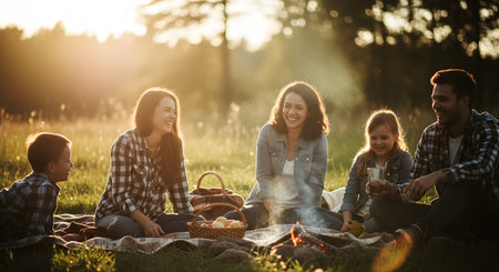 A happy, multi-generational family is laughing and enjoying a picnic on a blanket in a field during a beautiful golden sunset. They are gathered around a small campfire, creating a warm, idyllic scene of family bonding and cherished moments. This image evokes feelings of joy, love, and togetherness.の素材