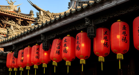 A row of vibrant, red cylindrical Chinese lanterns with gold tassels and calligraphy hangs under the ornate, traditional curved roof of a temple. The detailed architecture and festive lanterns represent Chinese culture, celebration, and good fortune.の素材