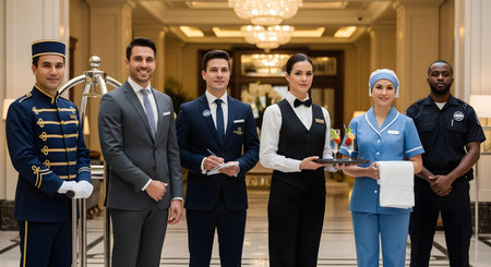 A professional and diverse team of hotel staff posing together in an elegant hotel lobby. The group includes a bellhop, manager, waitress, housekeeper, and security guard, all in uniform, representing teamwork and high-quality hospitality service.の素材