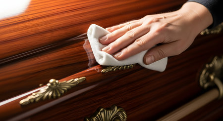 A close-up of a hand gently wiping a highly polished wooden coffin with a white cloth. The focus is on the act of cleaning and caring for the casket, highlighting its ornate brass handles and the rich grain of the wood.の素材