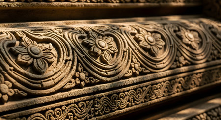 A detailed close-up of an ancient, weathered stone carving featuring an intricate floral relief pattern. Sunlight casts shadows across the textured surface, highlighting the remarkable craftsmanship and historical significance of the temple architecture.の素材