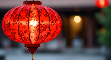 A close-up of a vibrant red Chinese lantern with intricate floral patterns, glowing warmly from an internal light. The background is softly out of focus, showing a tranquil evening setting, perfect for celebrating the Lunar New Year or other festive occasions.の素材