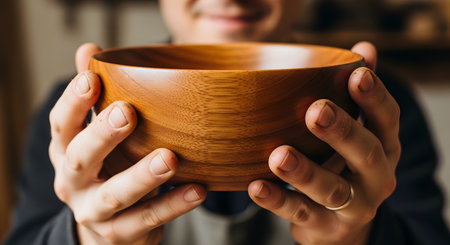 A close-up of a craftsman's hands proudly presenting a beautifully finished handmade wooden bowl. The focus is on the rich grain and smooth texture of the wood, symbolizing the skill, passion, and satisfaction of artisanal work.の素材