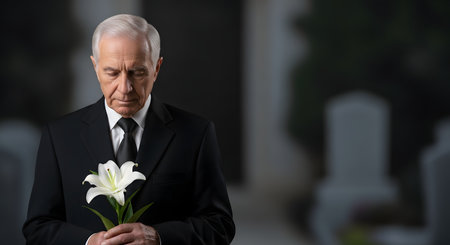 A somber senior man dressed in a black suit stands in a cemetery, holding a single white lily. With his eyes closed and head bowed, he expresses deep grief and sorrow. The blurred tombstones in the background reinforce the funereal setting of loss and remembrance.の素材