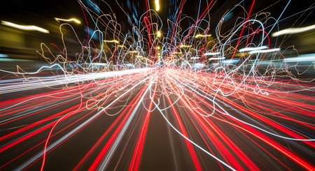 A dynamic long-exposure photograph captures the chaotic light trails from traffic on a busy city street at night. The vibrant red and white streaks create an energetic and abstract representation of speed, motion, data flow, and modern urban life.の素材
