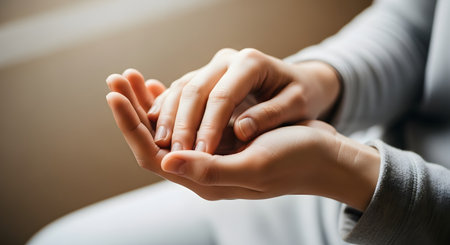 A close-up, intimate shot of a person's hands gently clasped together, with soft, warm light illuminating them. The gesture can convey a range of emotions, such as anxiety, contemplation, care, comfort, or prayer. The shallow depth of field creates a calm and focused mood.の素材