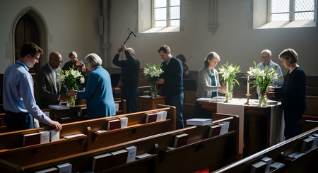 A diverse group of church members are working together to arrange vases of white lilies at the front of the sanctuary. This act of community and fellowship shows them preparing the church for a special service, such as Easter, a wedding, or a memorial. The scene is filled with a sense of peace, faith, and shared purpose.の素材