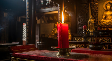 A close-up of a thick red candle with melting wax, its flame burning brightly on a brass holder. It sits on an altar inside a dimly lit, atmospheric Buddhist temple, with golden Buddha statues and incense smoke visible in the background, creating a spiritual and meditative mood.の素材