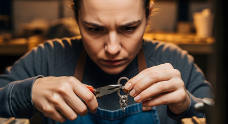 A close-up shot of a female artisan with a look of intense concentration on her face. She is using pliers to carefully assemble a small metal chain, highlighting the precision and focus required in handmade jewelry making.の素材