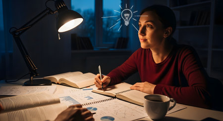 A focused young woman is studying at her desk late at night, surrounded by books and papers, when she gets an idea. A glowing lightbulb icon appears above her head, symbolizing a moment of inspiration, a creative breakthrough, or finding a solution to a problem.の素材