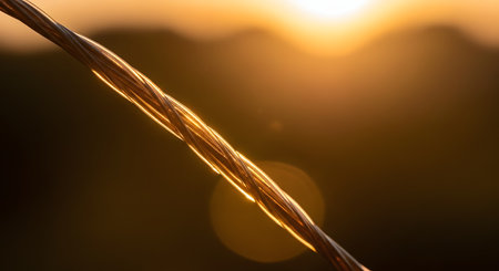 A macro shot of a twisted copper wire illuminated by the warm, golden light of a setting or rising sun. The background is softly blurred, creating a beautiful bokeh effect and highlighting the texture and reflective quality of the metal. The image represents concepts of energy, conductivity, connection, and communication.の素材