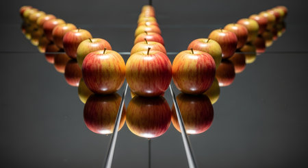 A line of crisp red apples is reflected in mirrors to create an endless, symmetrical pattern that recedes into the distance. This artistic and conceptual photograph plays with perspective and illusion, creating a visually striking image. It symbolizes concepts like infinity, repetition, order, and conformity.の素材