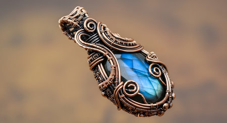 An exquisite, handcrafted pendant featuring a faceted labradorite gemstone with a brilliant blue flash, captured against a soft, warm background. The stone is intricately wrapped in oxidized copper wire, forming complex swirls and coils. This macro image highlights the artistry of handmade jewelry, bohemian style, and the beauty of natural crystals.の素材