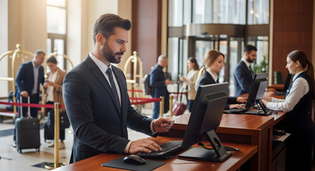 A well-dressed businessman in a suit stands at a hotel reception desk, holding a credit card while checking in on a computer. The hotel lobby is bustling with other guests and staff in the background, depicting a typical business travel scene.の素材