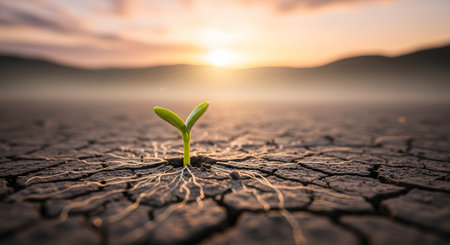 A single green sprout emerges through dry, cracked earth, with its delicate roots spreading into the arid ground. The sun rises in the background, casting a warm glow over the landscape, symbolizing hope, resilience, and new beginnings in a challenging environment. This powerful image represents growth, life, and perseverance.の素材