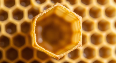 A detailed macro shot focuses on a single, larger queen bee cell emerging from a regular honeycomb pattern. The hexagonal wax structure is filled with a golden liquid, likely royal jelly. The image provides a close-up look at the beginning of a queen bee's life within the hive.の素材