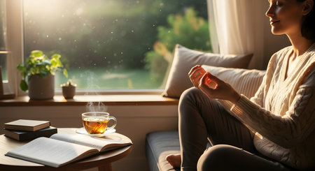 A woman enjoys a peaceful moment of relaxation at home, sitting by a sunlit window with a steaming cup of tea and a book. The serene and cozy scene represents concepts of self-care, mindfulness, and the simple pleasures of a quiet life.の素材