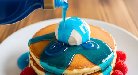 A delicious-looking stack of fluffy pancakes on a white plate is topped with a scoop of whipped cream or ice cream. A vibrant, artificial-looking blue syrup is being poured over the top, with fresh raspberries on the side for a colorful breakfast treat.の素材