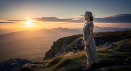 A peaceful senior woman in a dress stands on a grassy, rocky mountaintop, calmly watching a beautiful sunset over layers of distant hills. The warm light and gentle breeze create a sense of tranquility, freedom, and contemplative retirement.の素材