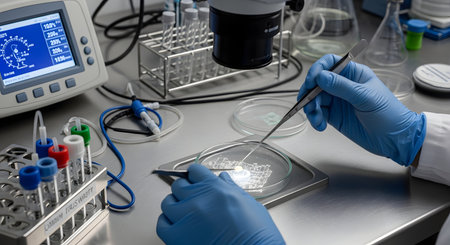 A scientist wearing blue nitrile gloves works meticulously in a modern laboratory, using tweezers to handle a biological sample in a petri dish. The sterile environment includes a microscope, test tubes, and other scientific equipment, representing research and development.の素材