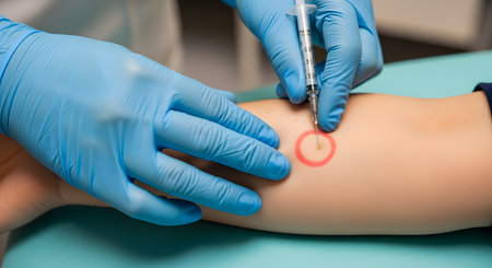 A close-up of a healthcare professional in blue gloves administering an injection to a patient's arm for an allergy skin test. A red circle is drawn on the skin to mark the injection site. The image represents medical procedures, allergy testing, and healthcare.の素材