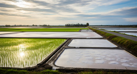 A scenic rural landscape showing the contrast between traditional salt evaporation ponds and vibrant green rice paddy fields under a partly cloudy sky. This image illustrates different types of agriculture coexisting in a coastal or countryside area.の素材