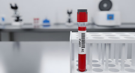 A single test tube containing a blood sample stands in a rack in a modern, sterile medical laboratory. The tube has a barcode label reading 'SAMPLE A1,' with lab equipment blurred in the background, representing medical testing and diagnostics.の素材