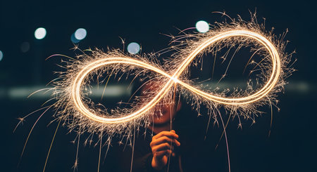 A person holds a sparkler, creating a glowing infinity symbol with light painting against a dark background with bokeh lights. The bright, sparkling trail of light forms a perfect figure-eight, symbolizing eternity, endlessness, and celebration.の素材